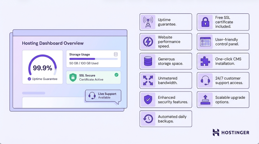 what-is-shared-hosting-image4 A structured checklist illustration showing eleven criteria for evaluating shared hosting providers, including uptime, performance, storage, security, and support.