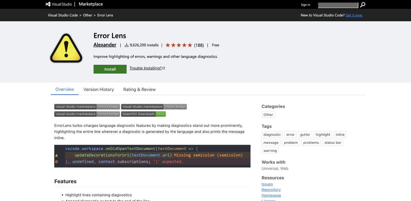 Error Lens landing page