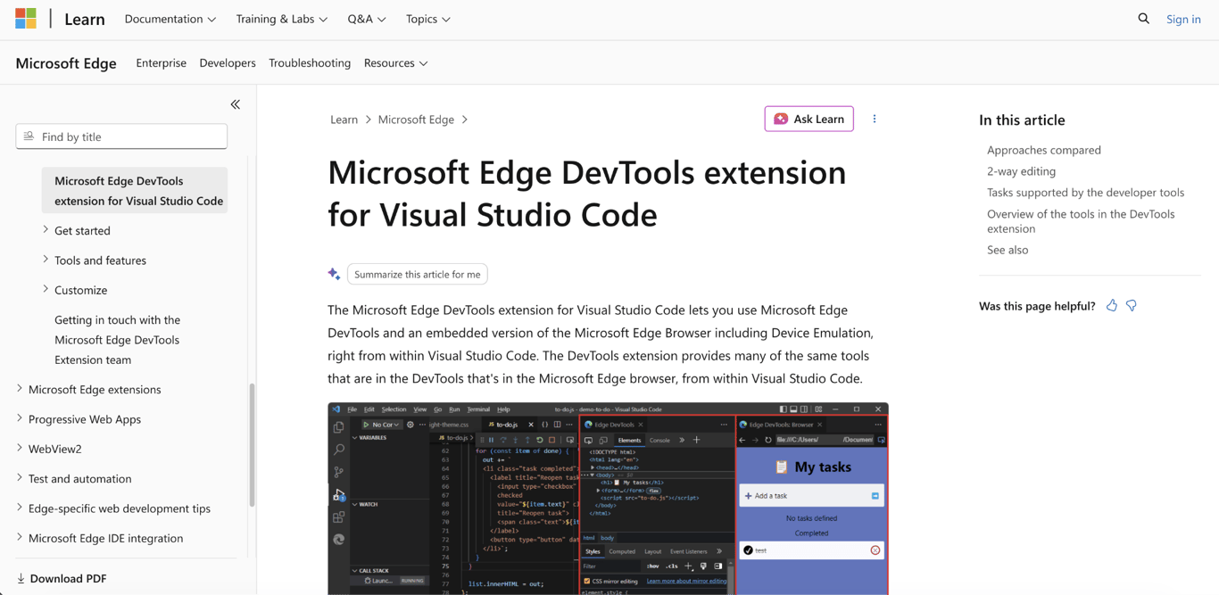 Microsoft Edge Tools for VS Code landing page