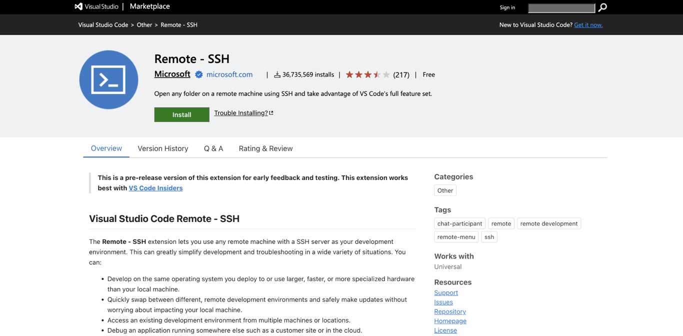 Remote - SSH landing page
