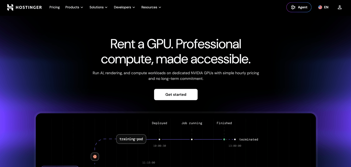 Hostinger GPU Hosting page offering dedicated NVIDIA GPU rental for AI, rendering, and compute workloads with hourly pricing.