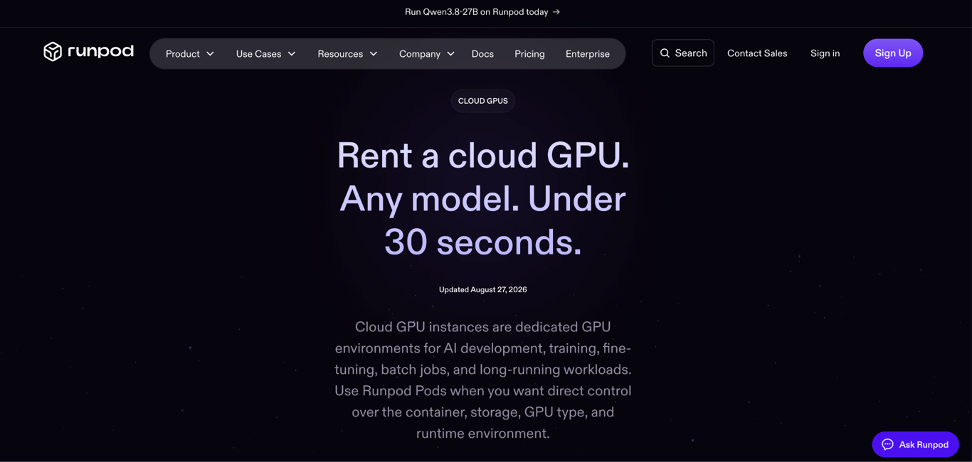 RunPod Cloud GPUs page promoting dedicated GPU environments for AI development, training, fine-tuning, and other workloads.