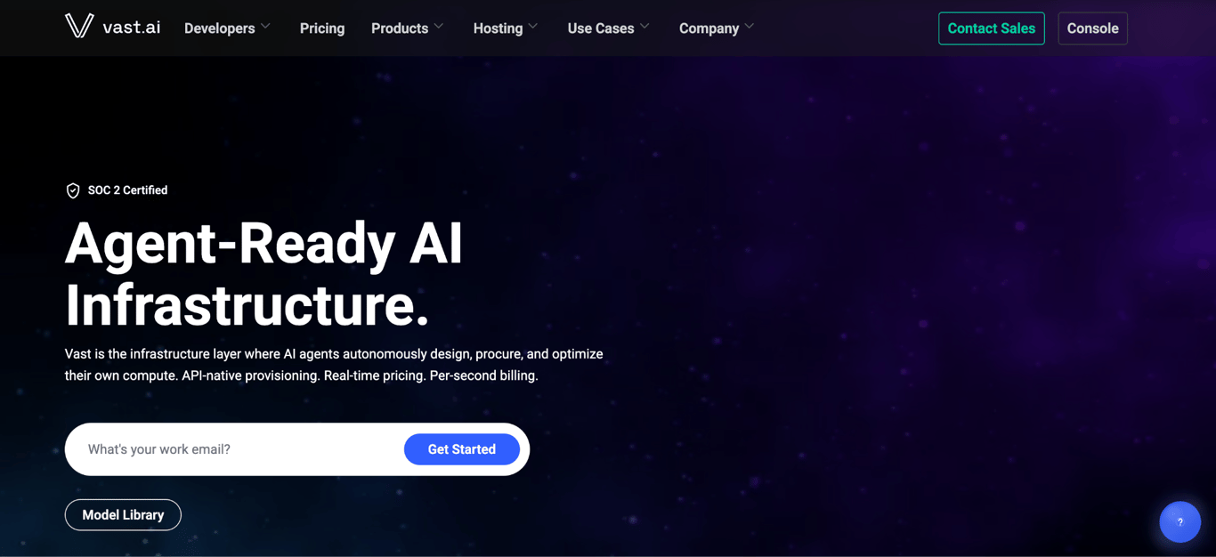 Vast.ai homepage promoting agent-ready AI infrastructure with API-native provisioning, real-time pricing, and per-second billing.