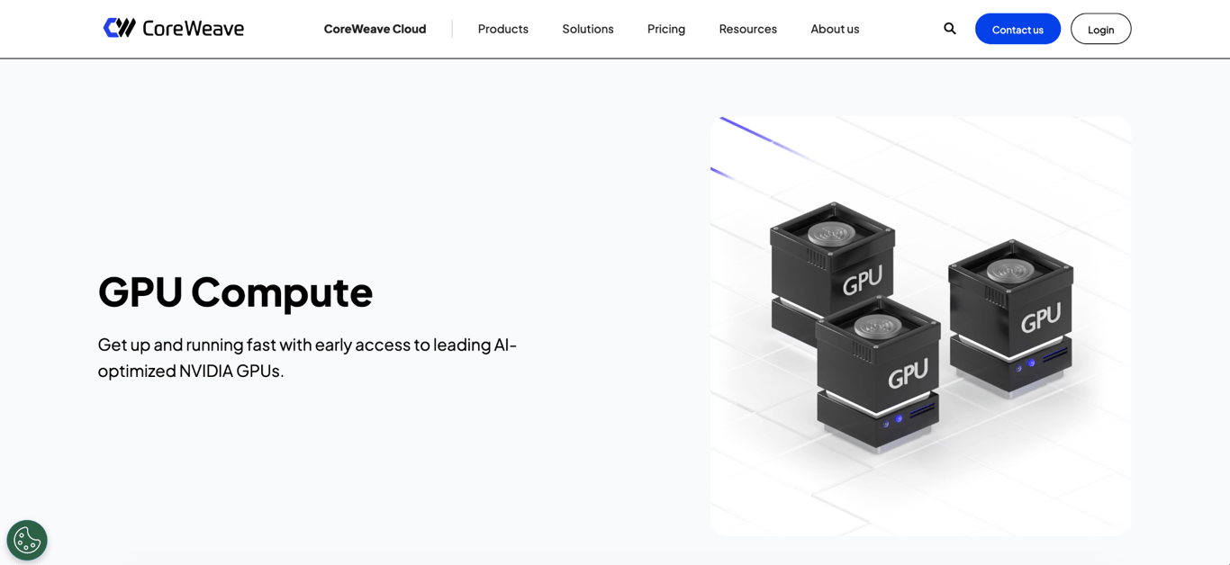 CoreWeave GPU Compute page promoting AI-optimized NVIDIA GPUs for cloud workloads.