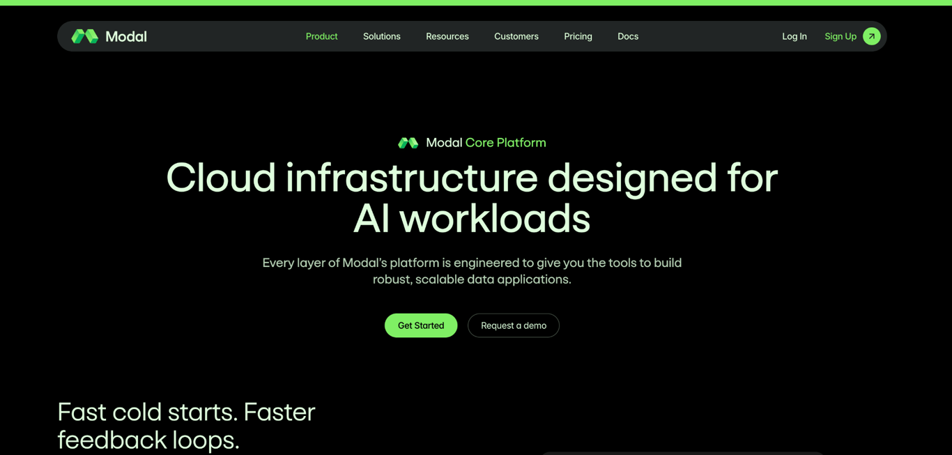 Modal Core Platform page promoting cloud infrastructure designed for scalable AI and data workloads.
