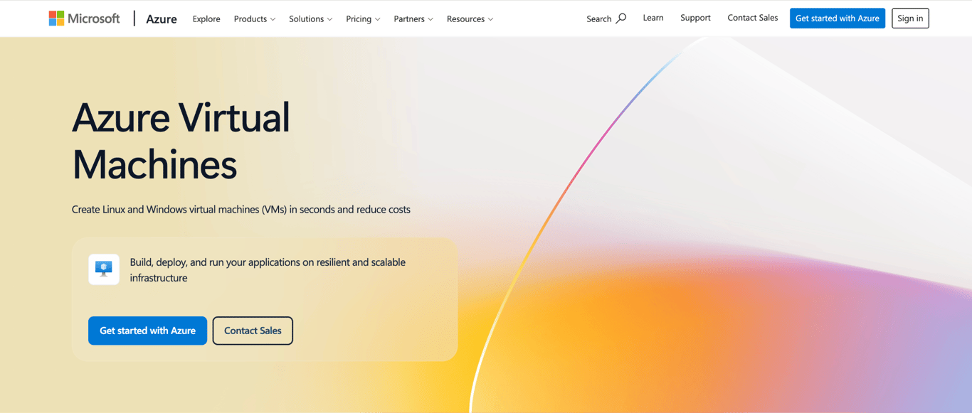 Microsoft Azure Virtual Machines page for creating and running scalable Linux and Windows virtual machines.