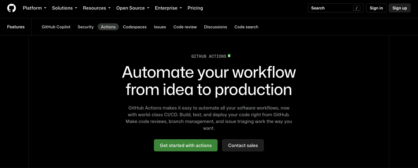 GitHub Actions landing page