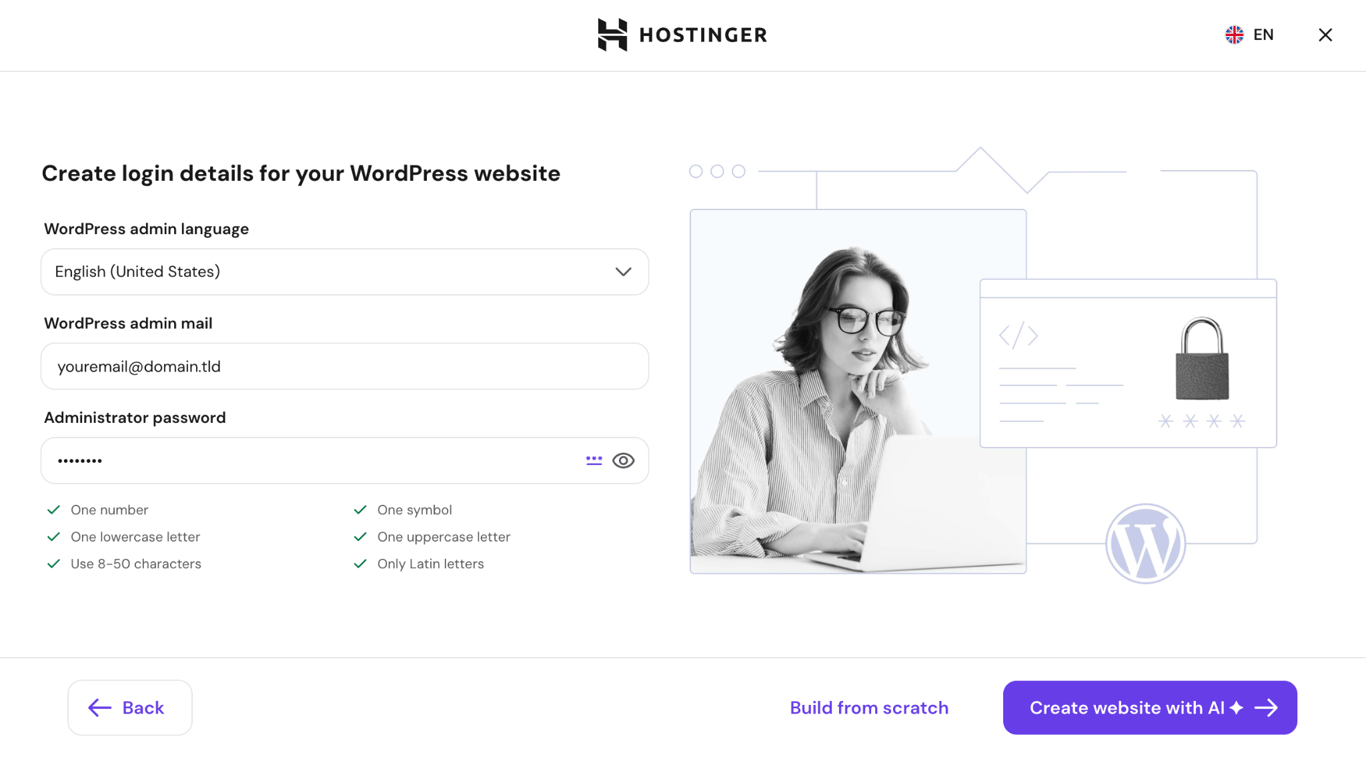 The Hostinger onboarding wizard showing the