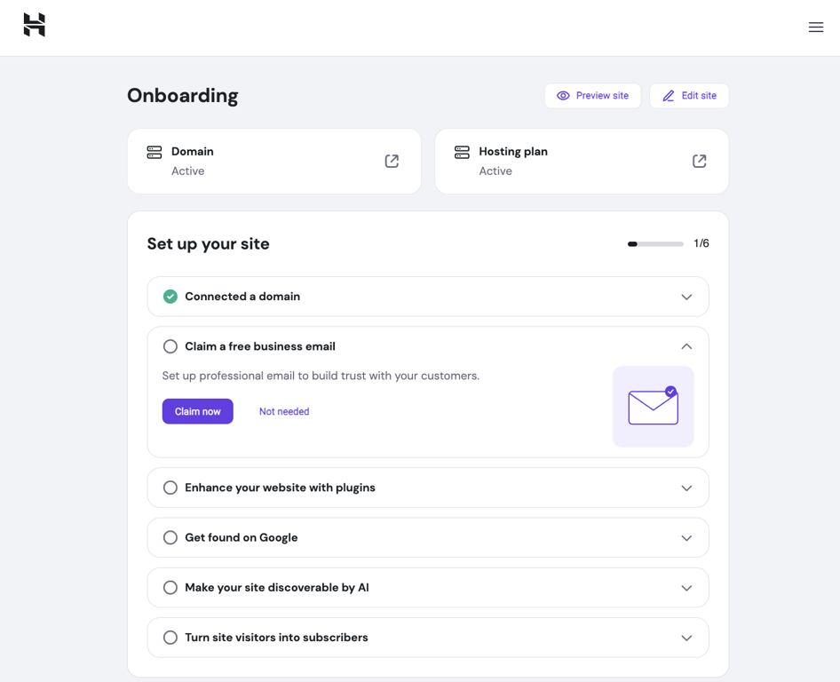 The Hostinger Onboarding page inside the WordPress dashboard showing the Set up your site checklist with steps including Connected a domain, Claim a free business email, Enhance your website with plugins, Get found on Google, Make your site discoverable by AI, and Turn site visitors into subscribers.
