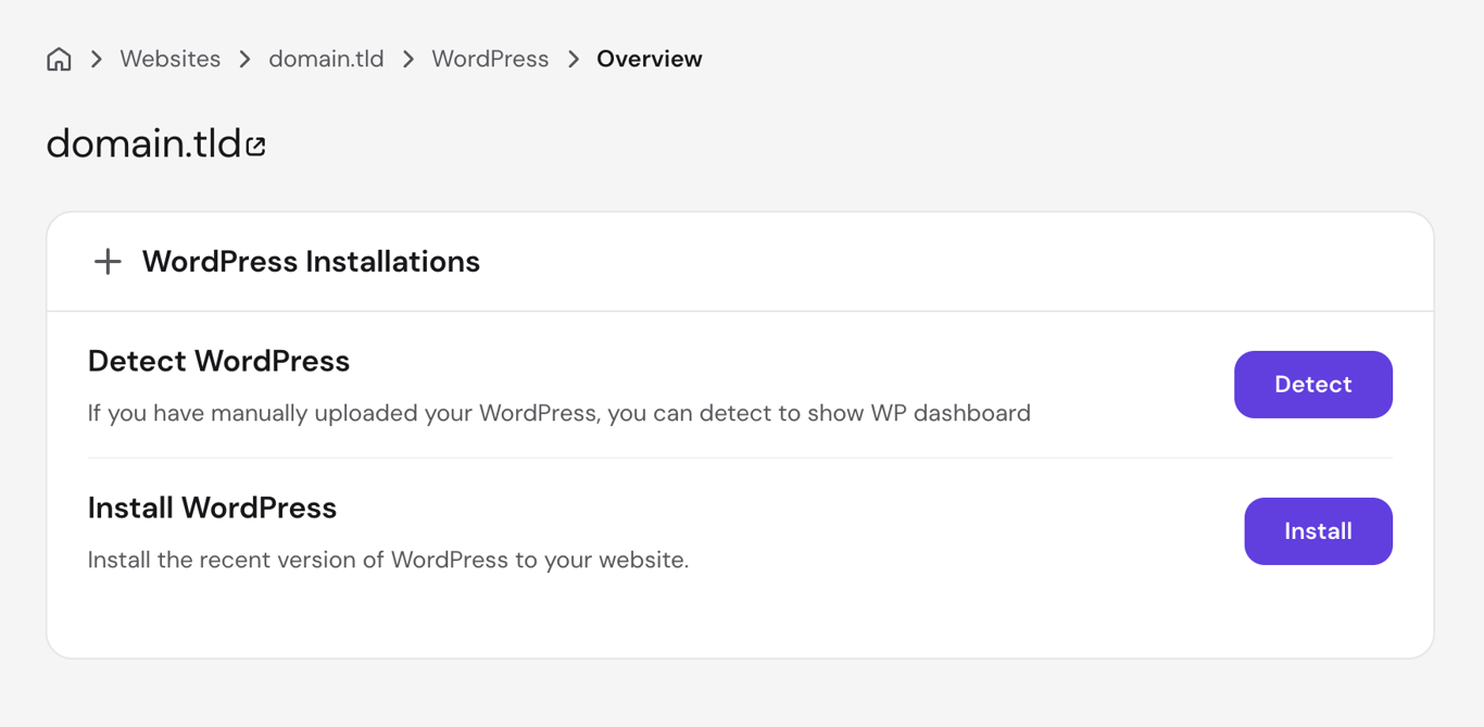 The WordPress Installations page in hPanel showing the Detect WordPress and Install WordPress options with their respective buttons.