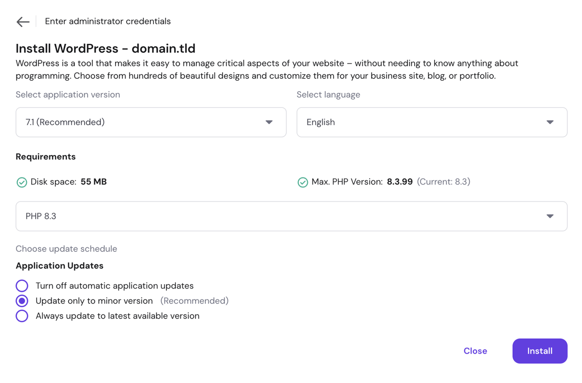 The second step of the Install WordPress modal showing the application version dropdown set to 7.1 Recommended, the language selector, the PHP compatibility check, and the Application Updates options with Update only to minor version selected.