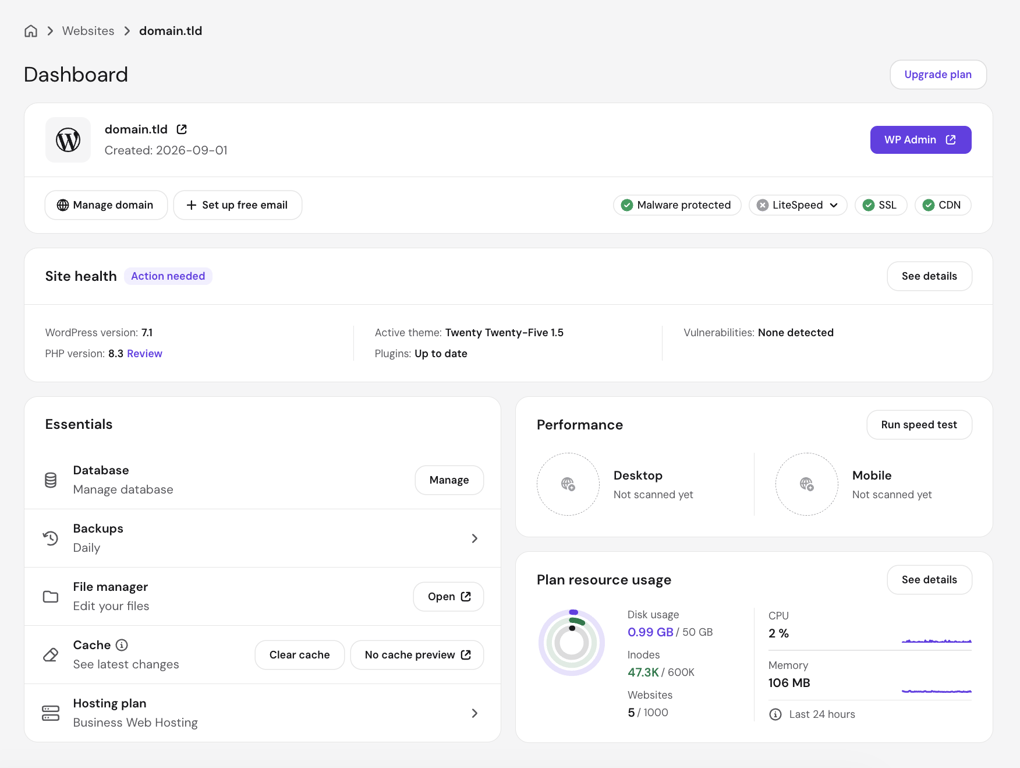 The hPanel dashboard for a WordPress site showing the WP Admin button, site health status with WordPress version and active theme, and the Essentials panel with Database, Backups, and File manager.