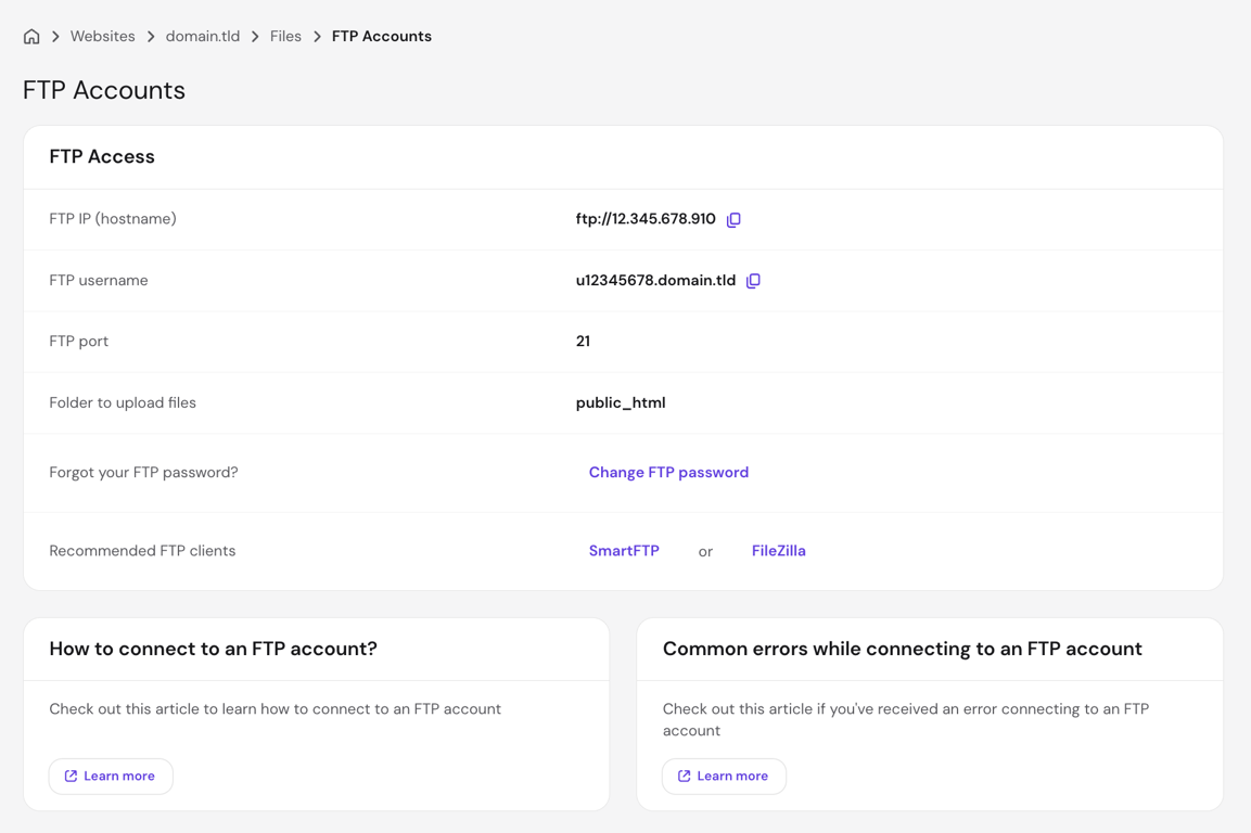 The FTP Accounts page in hPanel showing the FTP Access panel with the FTP IP hostname, FTP username, port 21, folder to upload files set to public_html, the Change FTP password link, and recommended FTP clients SmartFTP and FileZilla.