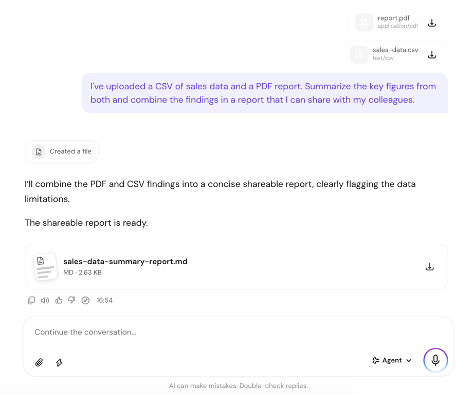 Hostinger Agent chat window showing a PDF and CSV file uploaded together, with the agent combining findings from both into a shareable report.