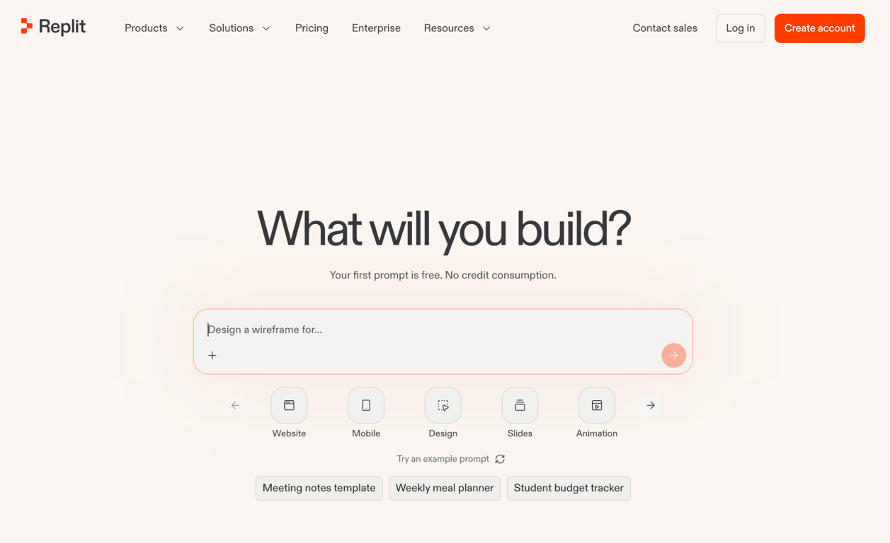 Replit homepage featuring an AI prompt field for building websites, mobile apps, designs, slides, and animations, with example prompts and account options.