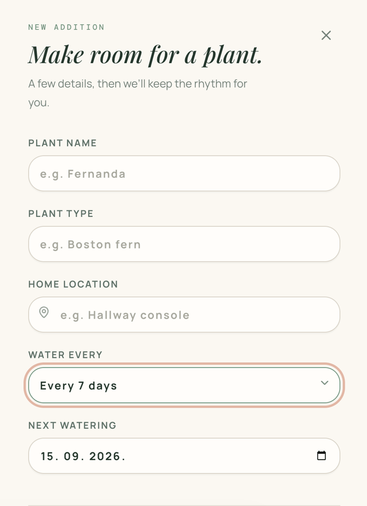 Add plant form with fields for plant name, type, home location, watering frequency, and next watering date.