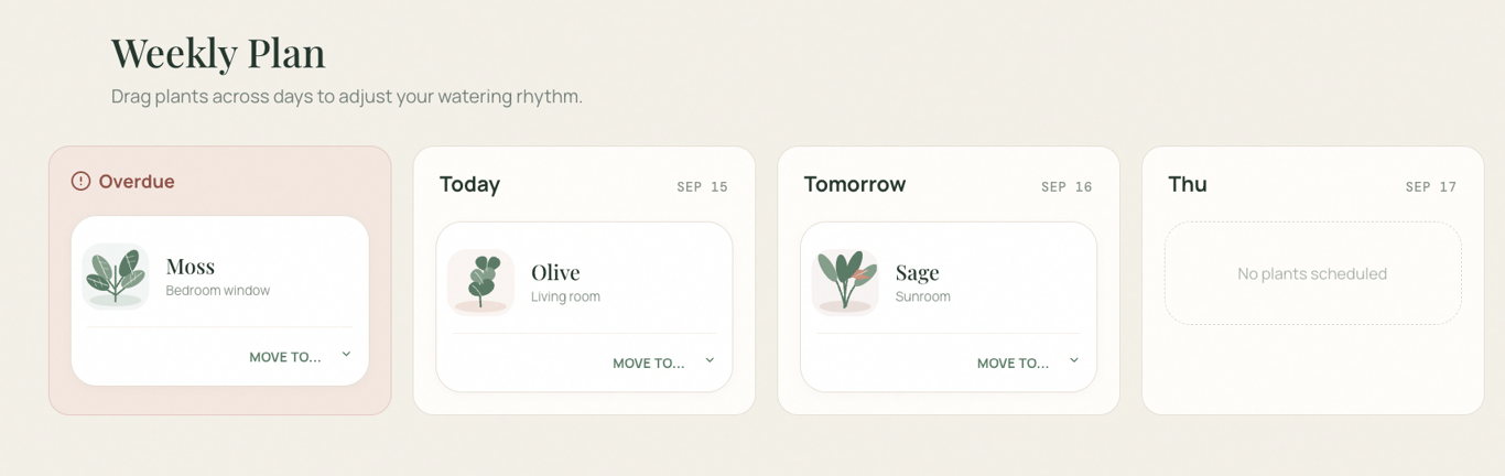 Weekly plant watering plan showing Moss overdue, Olive scheduled for today, Sage for tomorrow, and no plants scheduled for September 17.