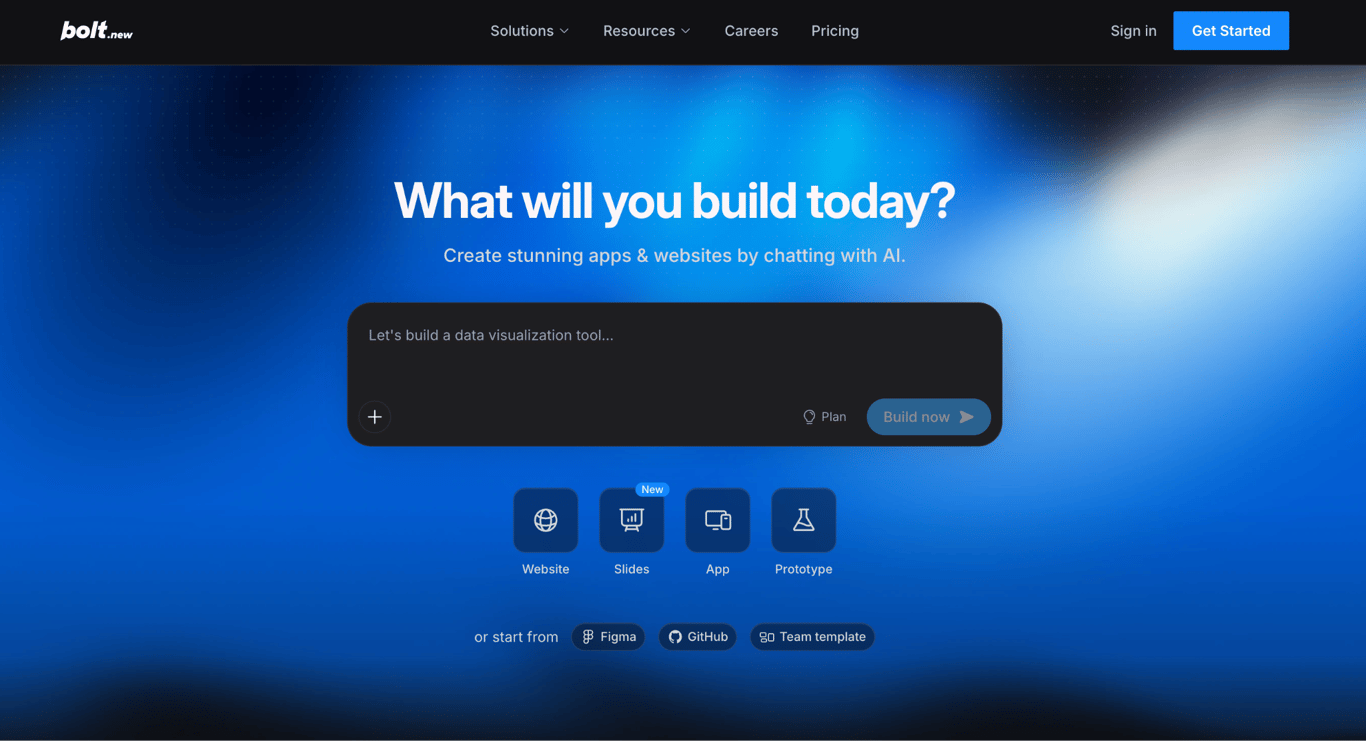 Bolt.new homepage featuring an AI prompt field for creating websites, slides, apps, and prototypes, with options to start from Figma, GitHub, or a team template.