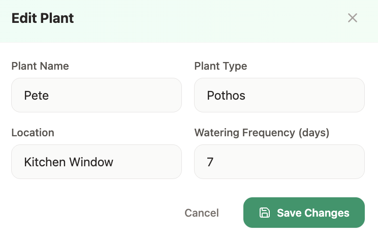 Edit plant form for Pete the Pothos, showing its kitchen window location and seven-day watering frequency.
