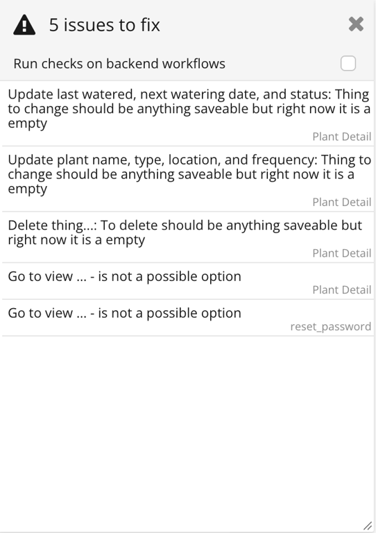 Bubble issue checker showing five workflow errors related to updating watering data, editing and deleting plant records, and invalid navigation actions.