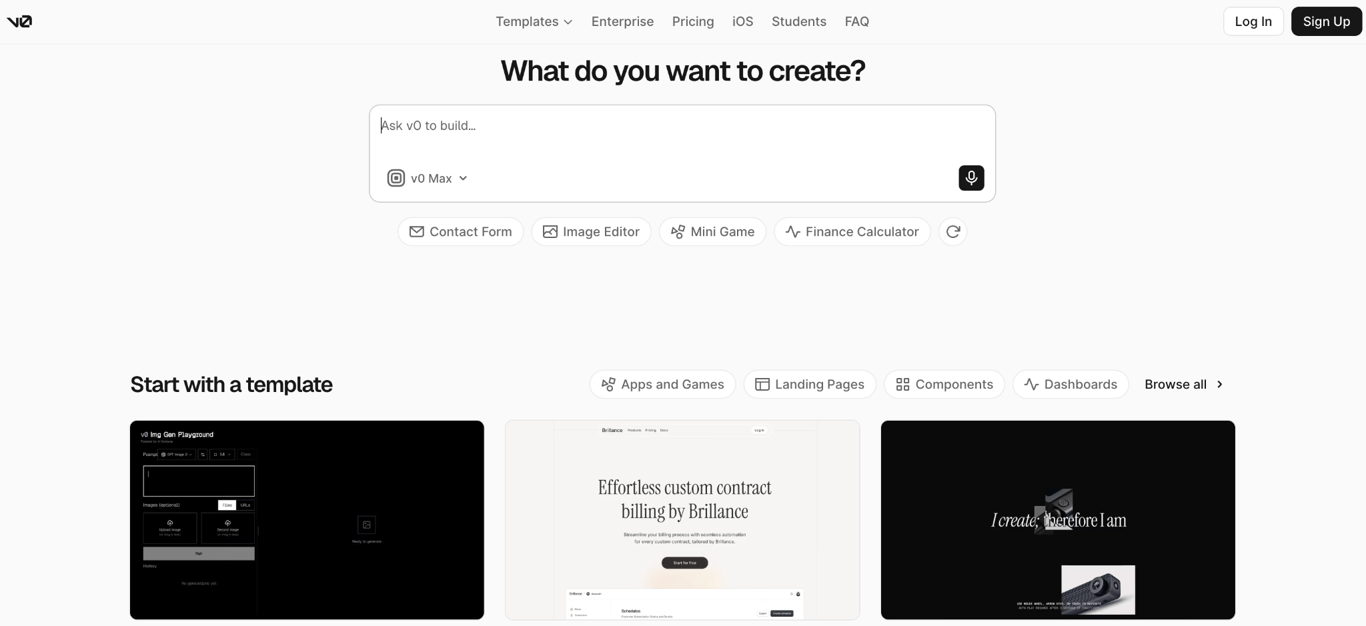 v0 homepage featuring an AI prompt field for creating apps and interfaces, with example project suggestions and templates for apps, landing pages, components, and dashboards.