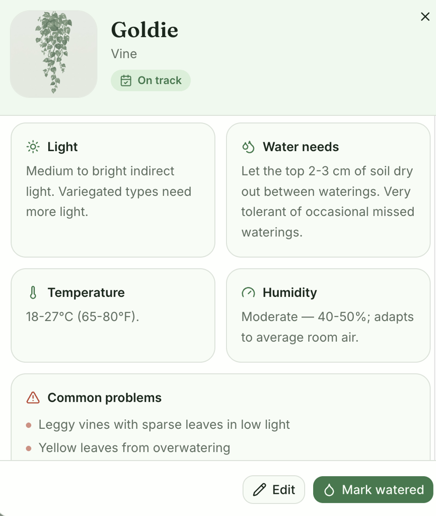 Plant details for Goldie, a vine marked on track, showing care guidance for light, watering, temperature, humidity, and common problems, with Edit and Mark watered buttons.