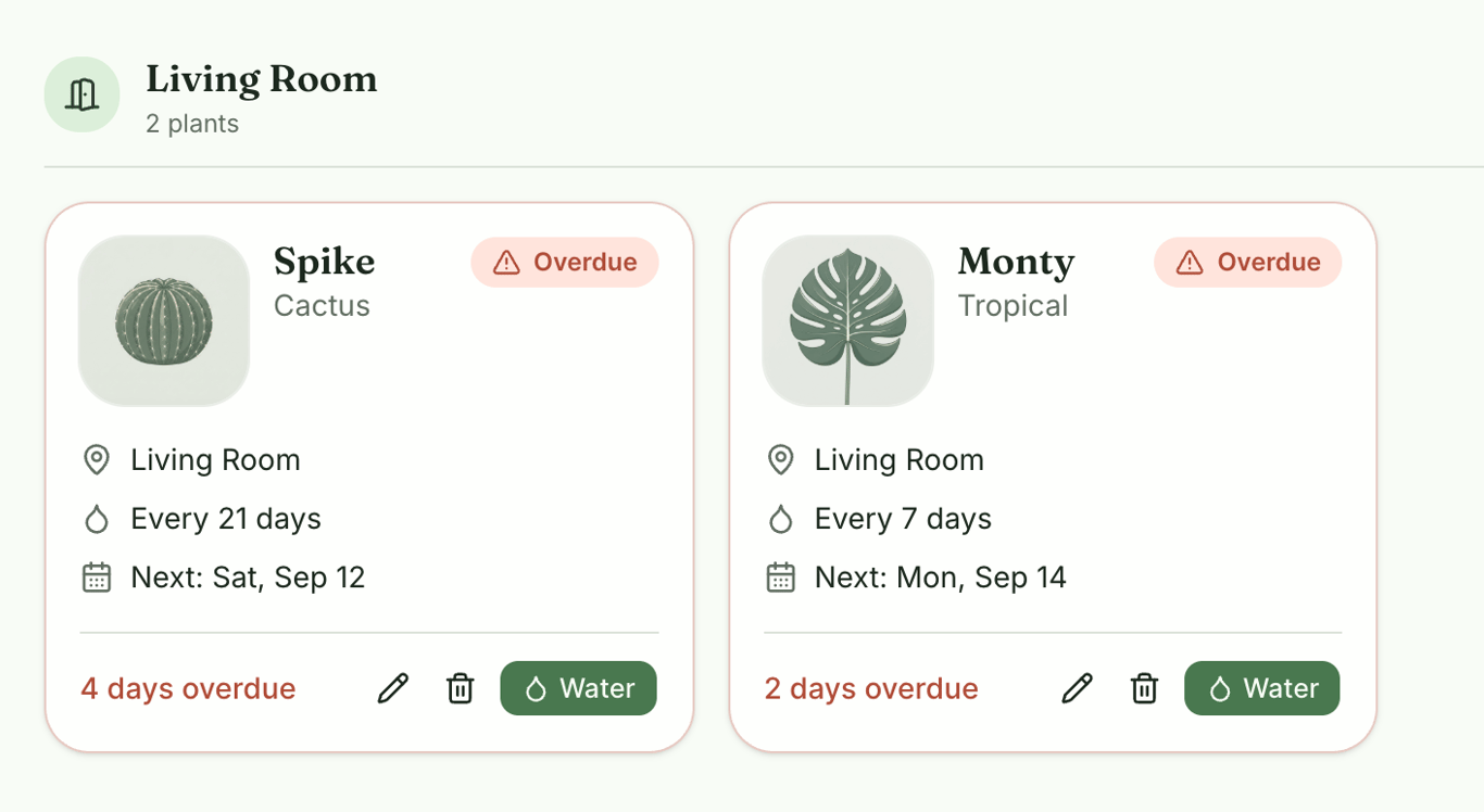 Living Room plant dashboard showing two overdue plants: Spike, a cactus watered every 21 days, and Monty, a tropical plant watered every 7 days, with edit, delete, and water controls.