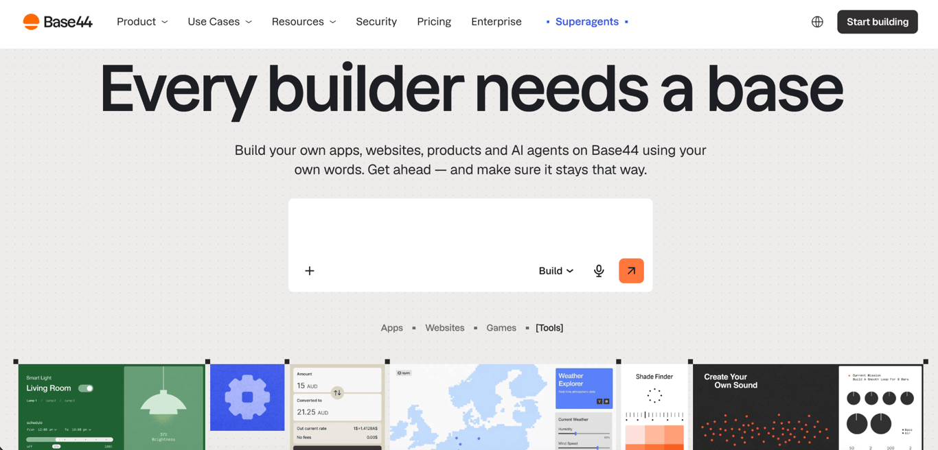 Base44 homepage featuring an AI prompt field for building apps, websites, products, and AI agents, with example projects displayed below.