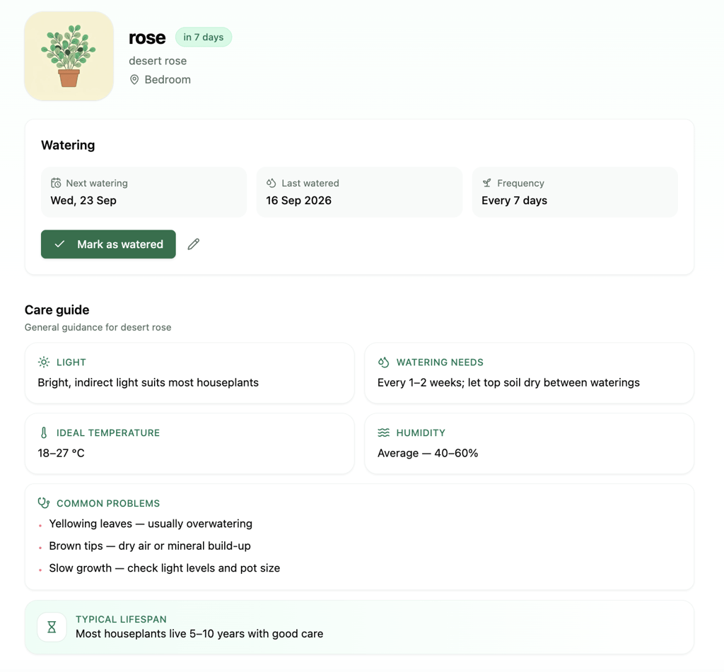 Plant details page for a desert rose named Rose, showing its watering schedule, location, care guide for light, watering, temperature and humidity, common problems, and typical lifespan.