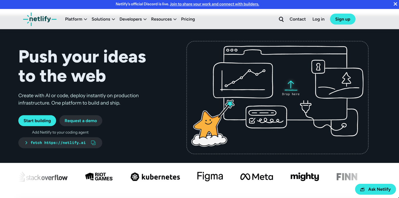 Netlify homepage promoting a platform for creating with AI or code and deploying websites to production, with Start building and Request a demo options.