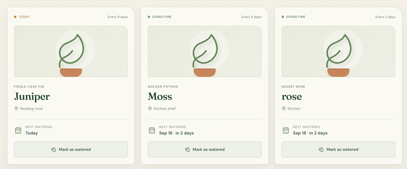 Plant cards for Juniper, Moss, and Rose showing their plant types, locations, watering frequencies, next watering dates, and current watering status.