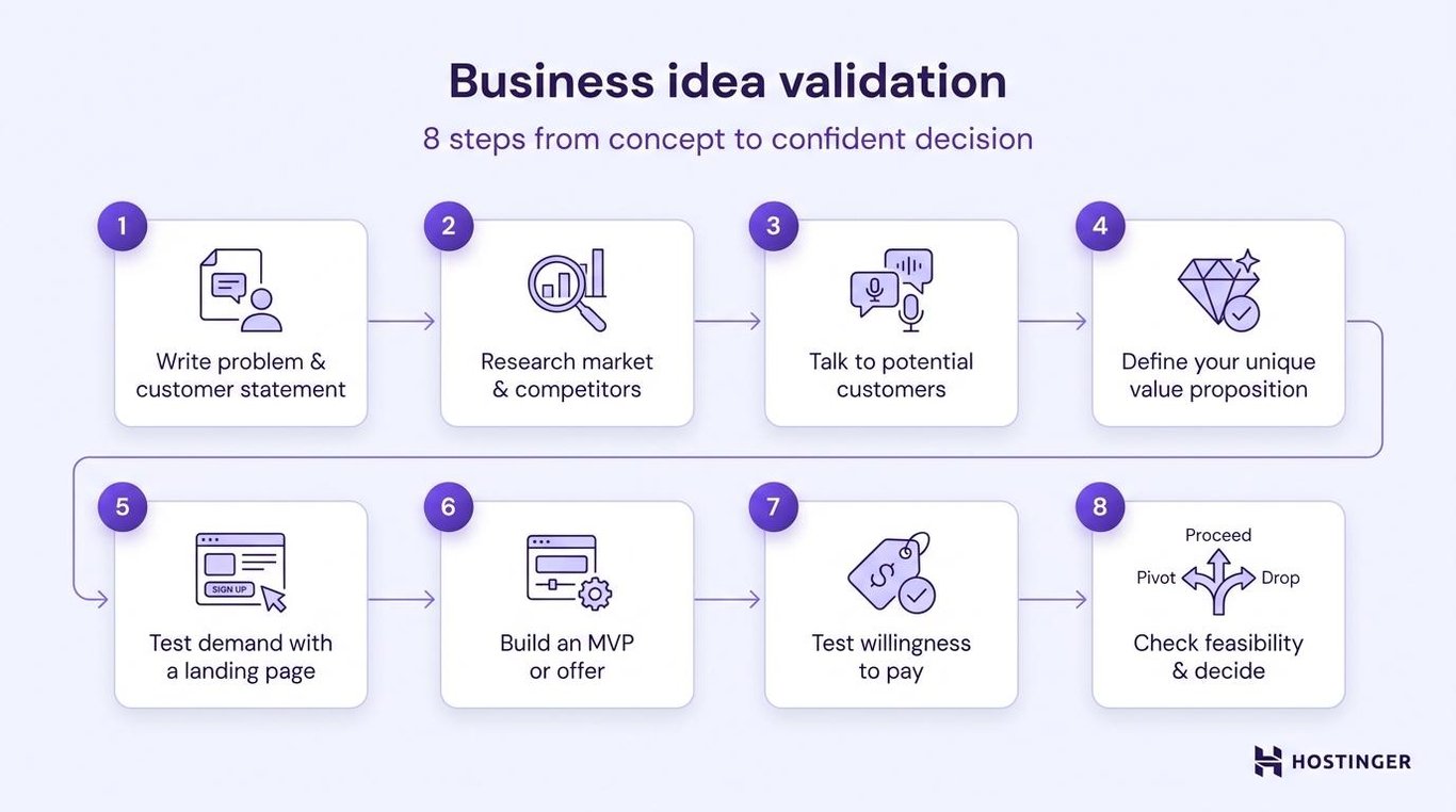 Eight-step business idea validation process, from writing a problem-and-customer statement to deciding whether to proceed, pivot, or drop.