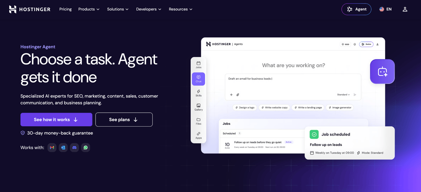 Hostinger Agent page showing AI tools for SEO, marketing, content, sales, customer communication, and business tasks.