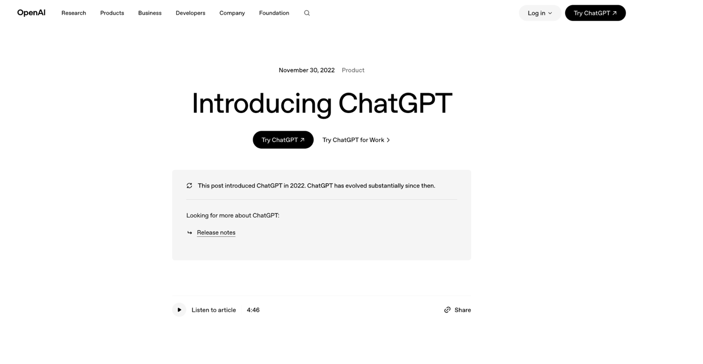 OpenAI&rsquo;s &ldquo;Introducing ChatGPT&rdquo; page, originally published in November 2022, with links to try ChatGPT and view current release notes.