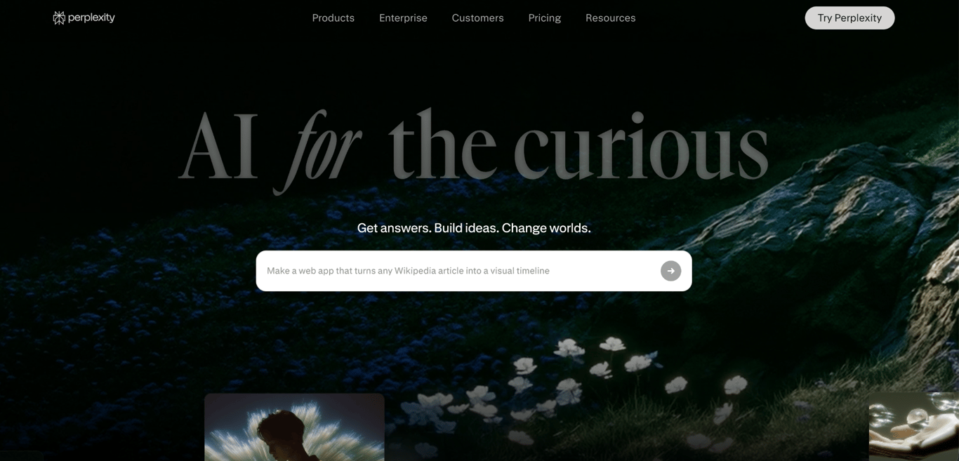 Perplexity homepage featuring its AI search and answer interface with the tagline &ldquo;AI for the curious.