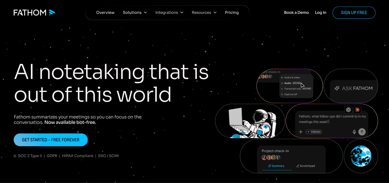 Fathom homepage promoting its AI meeting notetaker for automatically summarizing meetings and tracking follow-up tasks.
