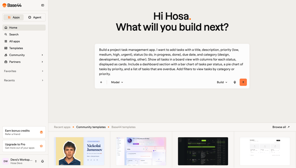 Base44 prompt for generating the project task management app