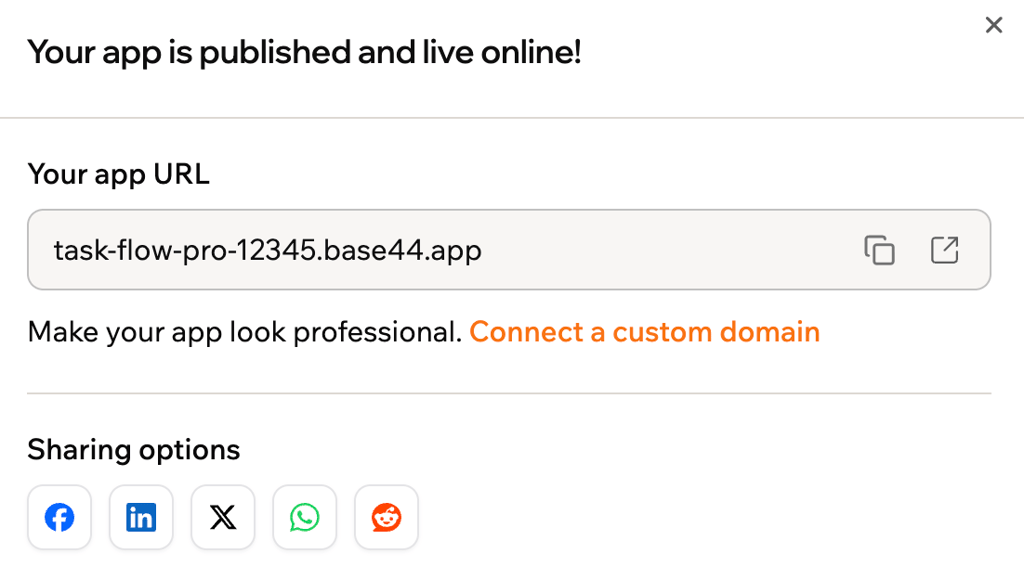 Base44 publish confirmation with the live app URL
