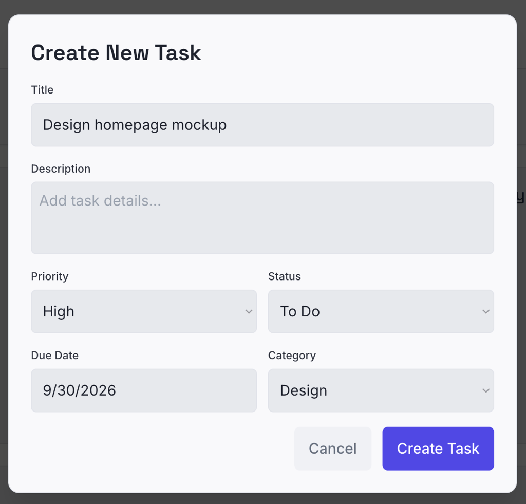 Bubble Create New Task form with task fields and due date