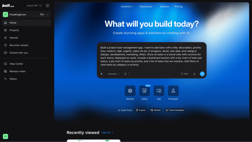 Bolt.new prompt for generating the project task management app