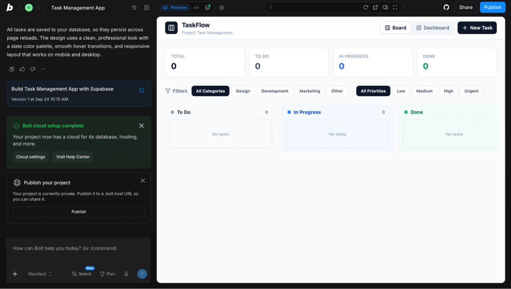 Bolt.new TaskFlow preview after the first generated build