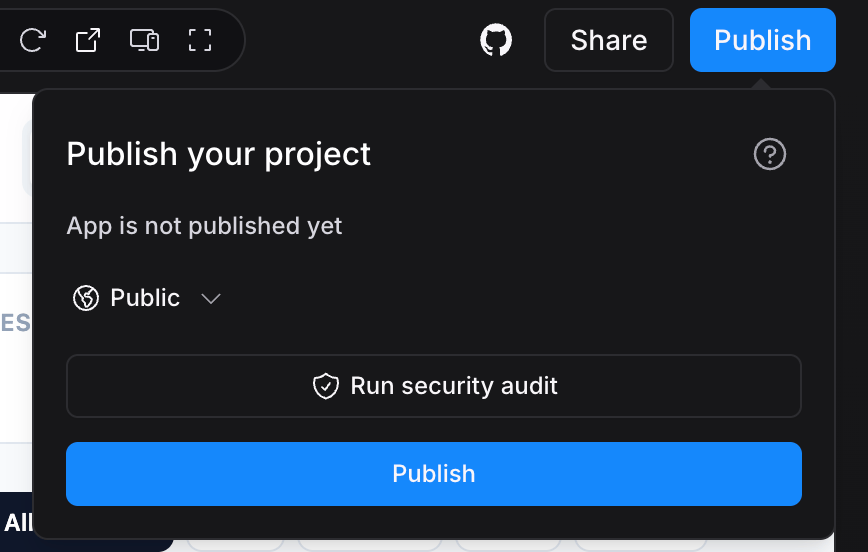 Bolt.new publishing panel with public access and security audit options