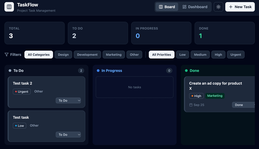 Bolt.new task board in dark mode with category and priority filters