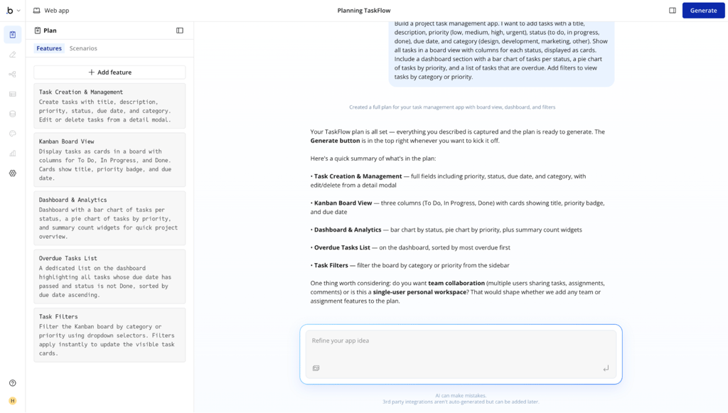 Bubble AI plan for the task manager before app generation