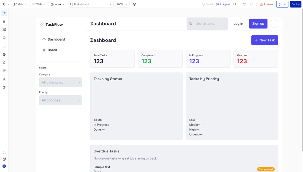 Bubble editor showing the generated dashboard with seven issues