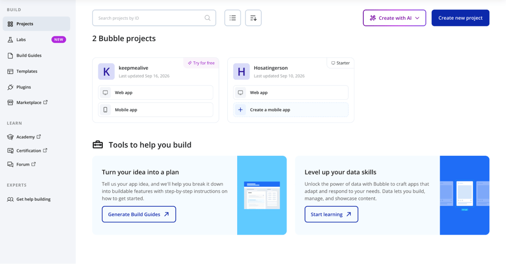 Bubble projects page with the Create with AI option