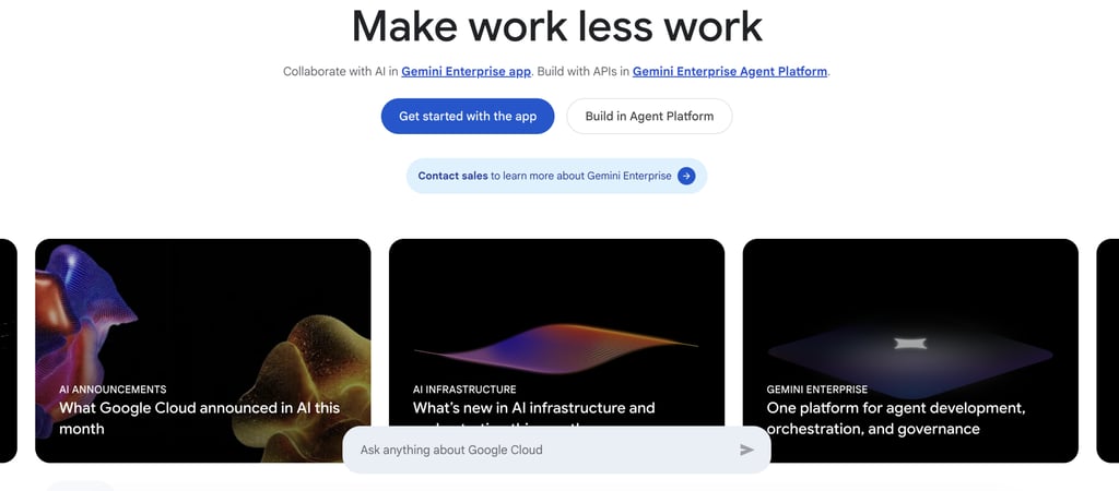 gle cloud homepage featuring "make work less work" message