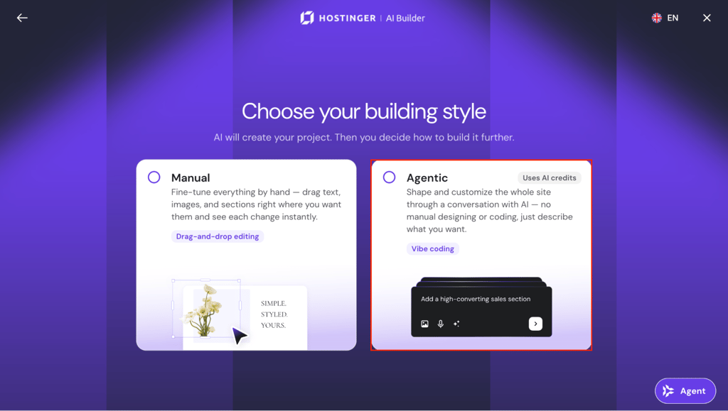 hostinger-ai-builder-building-style-agentic-highlighted Hostinger AI Builder building style screen with the Agentic option highlighted.
