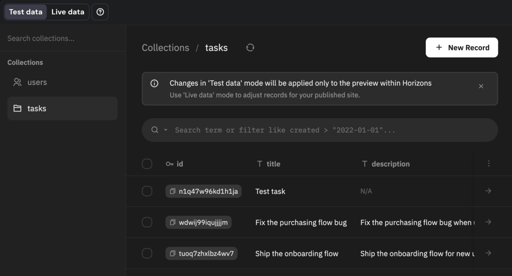 Hostinger AI Builder database with separate Test data and Live data modes