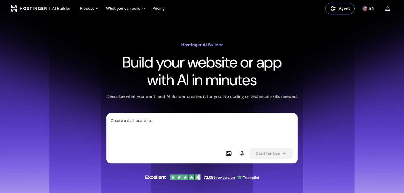 Hostinger AI Builder's landing page